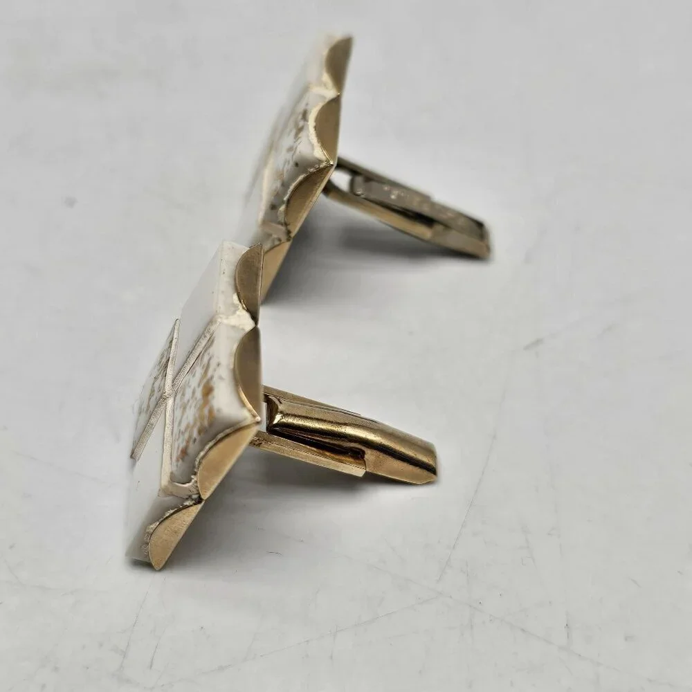 Vintage Gold Tone White Enamel Cufflinks With Square Mosaic Design